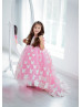 Pink Satin Tulle Butterflies Flower Girl Dress Kids Ball Gown